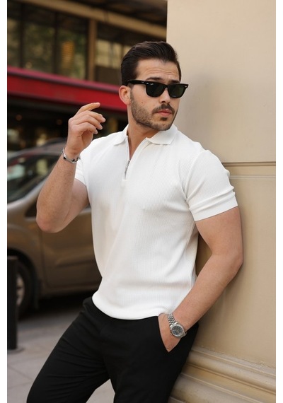 Etiler Collection Erkek Fermuarlı Yakalı Kısa Kollu Tshirt Beyaz