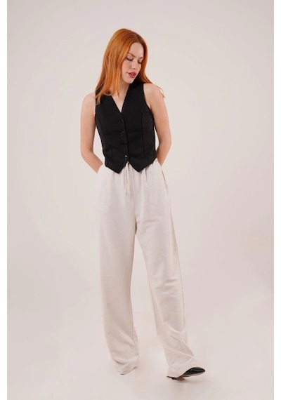 Defymoda Cepli Bağlama Detaylı Keten Ekru Pantolon Ekru