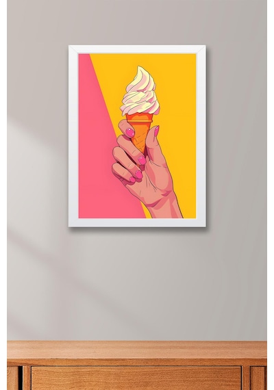 Dondurma Tutan El Yumuşak Dondurma Külah Çerçeveli Tablo - Pop Art Poster Tablo