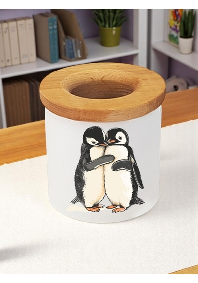 Penguen Baskılı Ahşap Kapaklı 3'lü Masaüstü Seramik Kalemlik Kalem Kutusu Beyaz