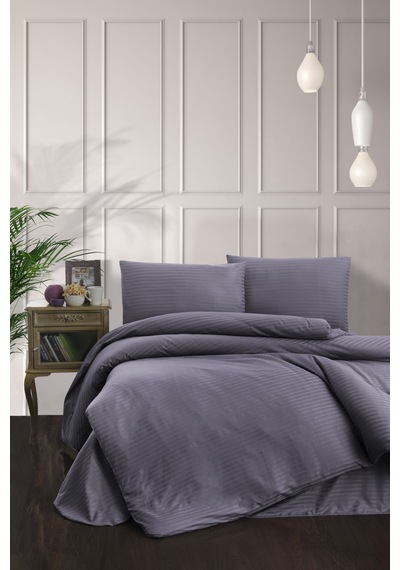 Mulberry Çift Kişilik Nevresim  Takımı Pamuk Saten Çizgili %100 Pamuk 200x220 Antrasit Koyu Gri