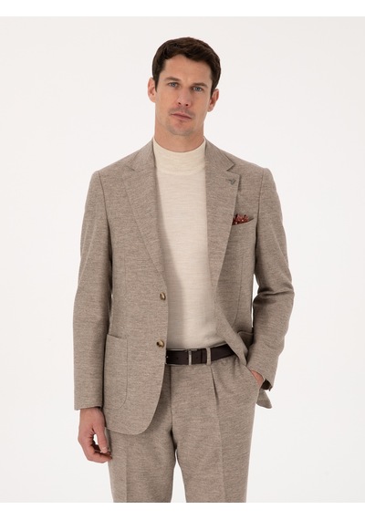 Cacharel Bej Slim Fit Yün Kaşmir Karışımlı Mikro Desenli Ceket