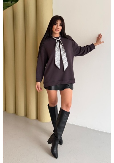 Balenbi Premium Modal Fular Detaylı Bisiklet Yaka Oversize Tunik 1177 Kahverengi