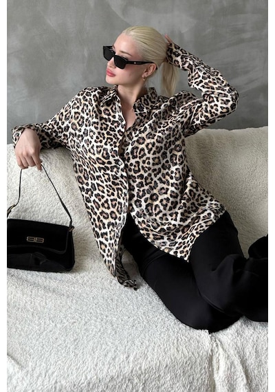 Madmext Bej Leopar Desen Kadın Gömlek Mg2296 Bej