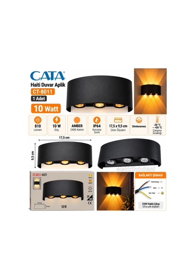 Cata Haiti 10w Amber Üç Mercek Ledli Duvar Aplik Ip44 220 Volt Çok Renkli