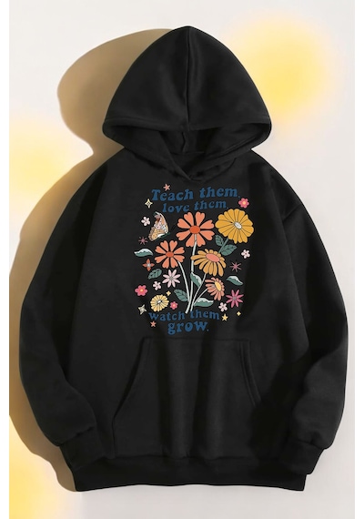 Flowers Baskılı Oversize Sweatshirt Siyah