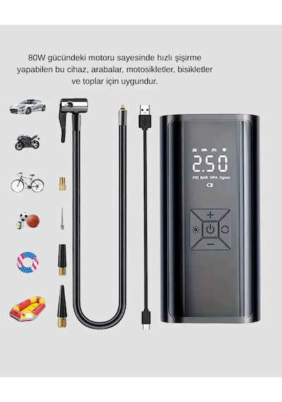 Taşınabilir 80w Kablosuz Lastik Şişirme Pompası Dijital Ekranlı 1 Adet 27705798