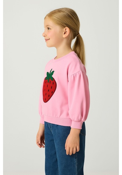 Kız Çocuk Bisiklet Yaka Uzun Kollu Pembe Çilek Desenli Rahat Kalıp Sweatshirt - Kız Çocuk Sweatshirt Pembe