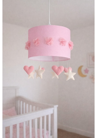 Bebek Odası Avize Pembe Krem Çiçekli El Yapımı Kumaş Aydınlatma 30x20 Cm Dekoratif Pembekrem