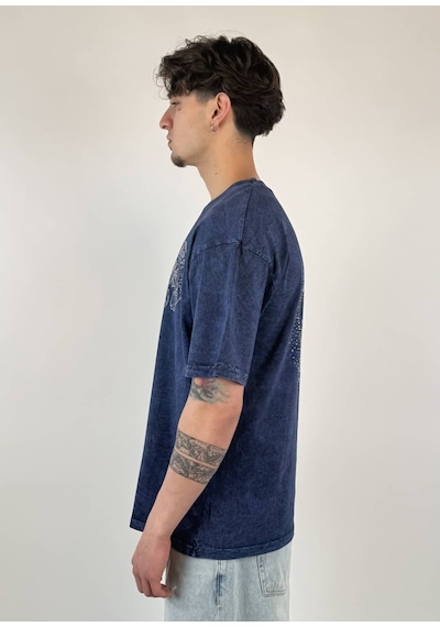 Zaee Vintage Washed Taşlı Oversize T-shirt Lacivert