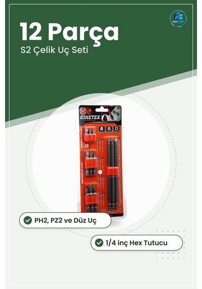 Matkap Bit Uç Seti 12 Parça Ph2 Pz2 Düz S2 Çelik Vidalama Ucu 1/4