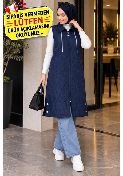 Esra Butik78 Kadın Kapitone Yelek Uzun Boy Fermuarlı Tesettür Yelek Siyah
