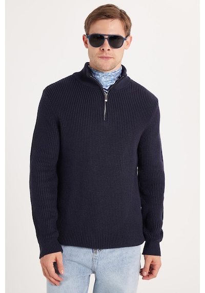Tudors Erkek Slim Fit Dar Kesim Fermuarlı Lacivert Dik Yaka Triko Kazak-34922 Lacivert