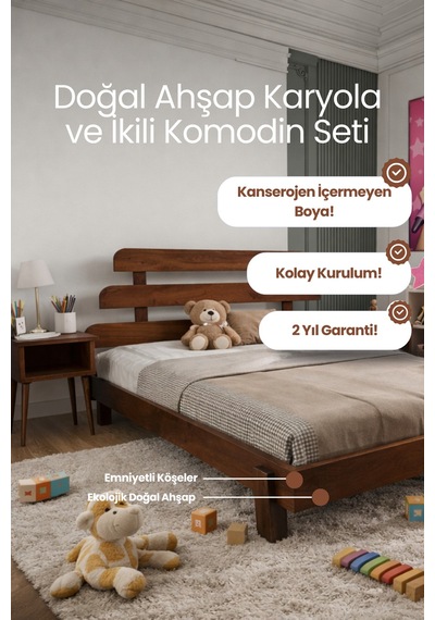 Lotus X New Masif Ahşap Karyola Ve 2 Adet Komodin Ceviz 90x190