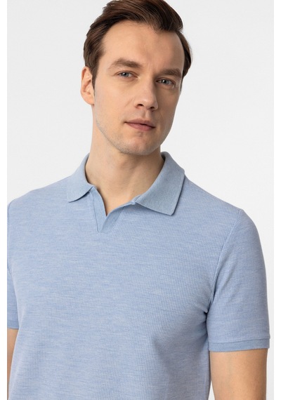 Süvari Regular Waffle Kumaş V Patlı Polo Yaka Nefes Alabilen T-shirt Buz Mavi