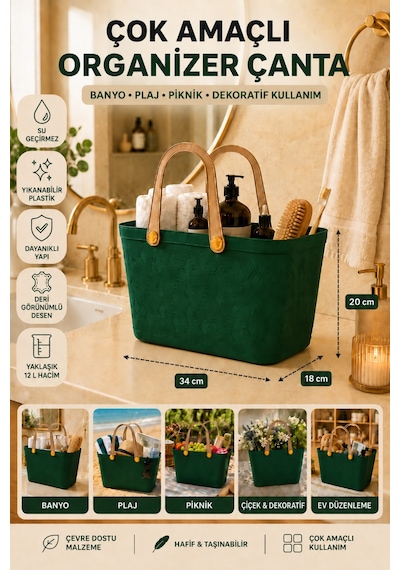 Deri Görünümlü Çok Amaçlı Kulplu Plastik Organizer Sepet El Çantası Plaj Çantası, Piknik Sepeti, Dekoratif Sepet Yeşil