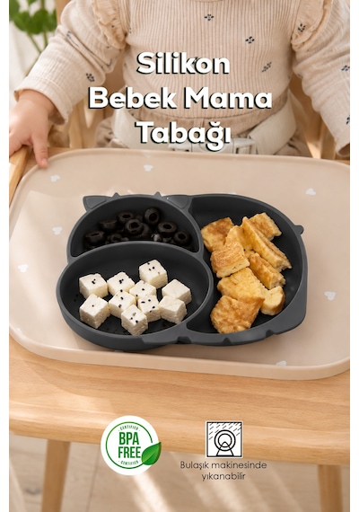 Porsima Mys34005 Silikon 3 Bölmeli Kaymaz Bebek Mama Tabağı Antrasit 14 21cm