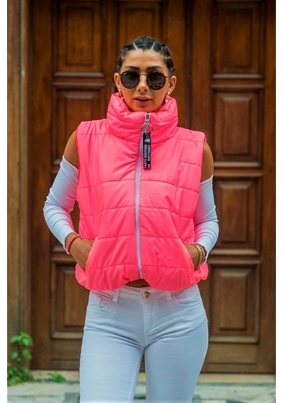 Genel Pembe Dik Yaka Beli Lastikli Cepli Kısa Şişme Yelek