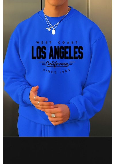 Benroma 3 İplik Penye Los Angeles Baskılı Unisex Sweatshırt Saks Mavisi