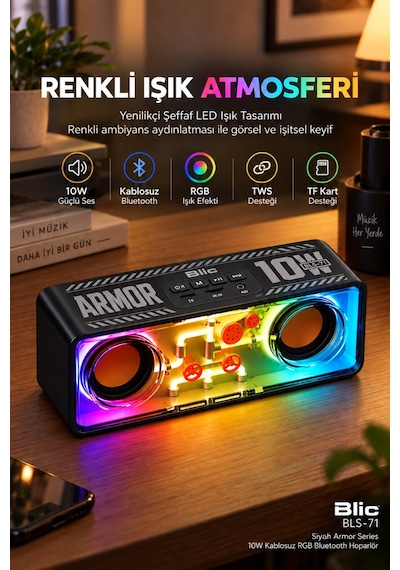 Blic Bls-71 Siyah Armor Series 10w Kablosuz Rgb Bluetooth Hoparlör Tws Tf Kart Desteği