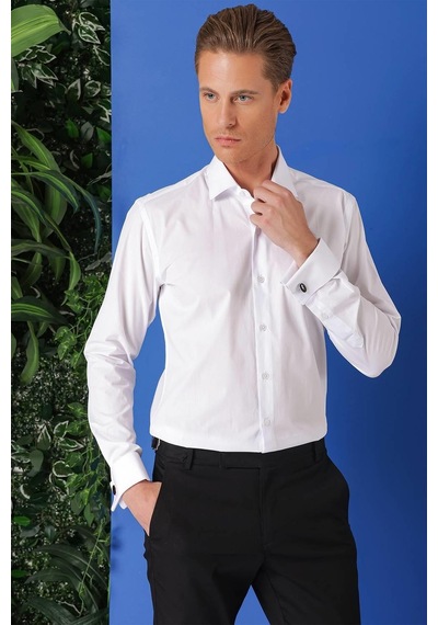 Efor Slim Fit Duble Manşet %100 Pamuk Klasik Beyaz Gömlek Gk 682 Beyaz