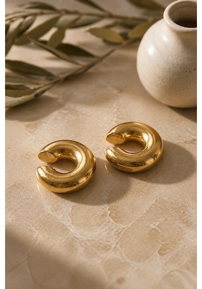 Kadın Gold Renk Paslanmaz Çelik Dolgun Earcuff Küpe