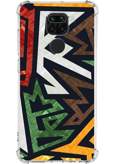 Xiaomi Redmi Note 9 Köşe Korumalı Antişok Kapak Soyut Grafiti Tasarımlı Şeffaf Silikon Kılıf
