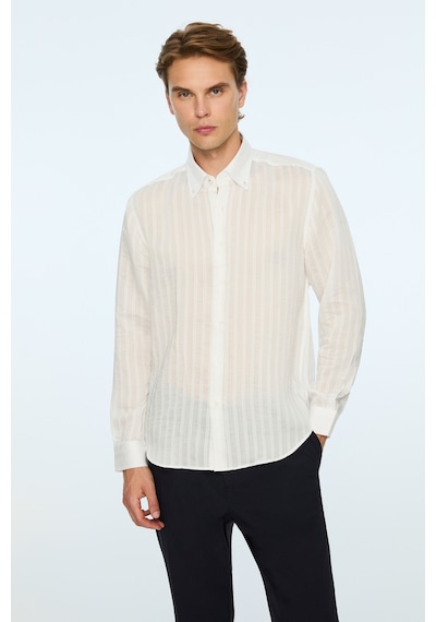 Morven Erkek Beyaz Liyosel Trend Çizgili Dinamik Fit Düğmeli Yaka Gömlek 26ms004032600 Beyaz