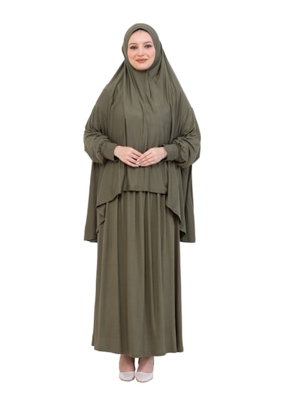 Modish Group İki Parça Namaz Elbisesi Uzun Pamuklu Tesettür Giyim Abaya & Başörtüsü Set Haki