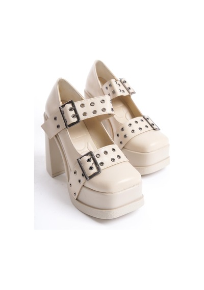 Asmi Shoes Kadın Viva Iki Toka Baletli 12 Cm Platform Topuklu Ayakkabı Krem Krem