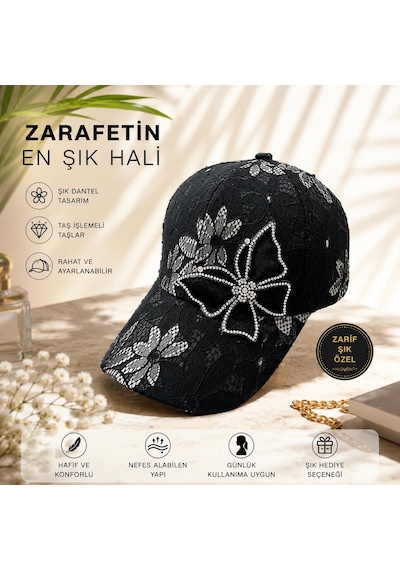 Valkyrie Kadın Siyah Dantel Şapka Taş İşlemeli Çiçek Detaylı Ayarlanabilir Baseball Cap Yazlık Şapka