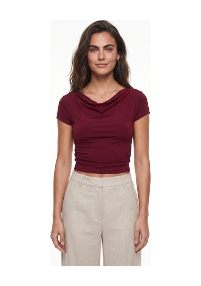 Onloox Kadın Bordo Bordo Esnek Hafif Kumaş Degaje Yaka Vücuda Oturan Kısa Kollu Yanı Drapeli Crop Bluz