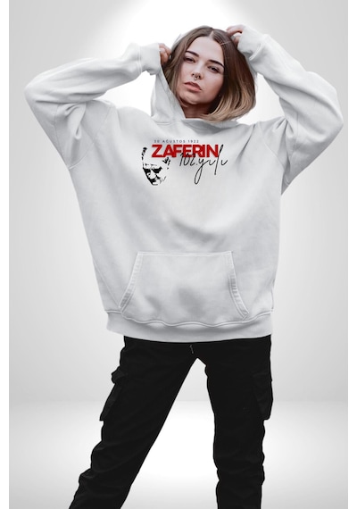 30 Ağustos Zafer Bayramı Atatürk İmzası Kadın Erkek Beyaz Kapüşonlu Sweatshirt Hoodie Beyaz