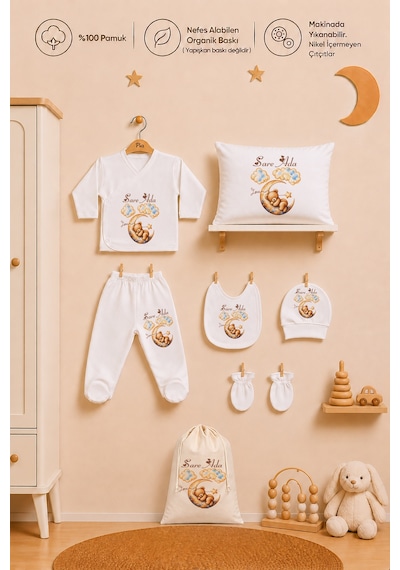 Pia Baby Kişiye Özel %100 Pamuk Kız Bebek Hastane Çıkışı Zıbın Seti 8 Parça Kese Hediyeli 1099zybk3x Krem