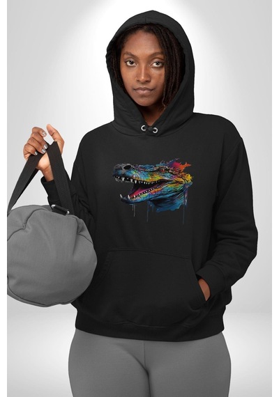 Timsah Renkli Kafası Kadın Erkek Siyah Kapüşonlu Sweatshirt Hoodie Siyah