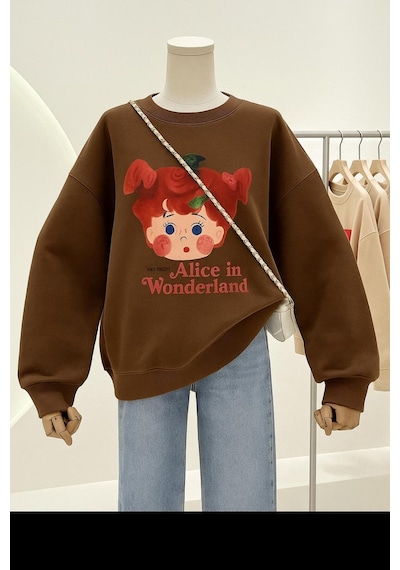 Benroma 3 İplik Penye Alice İn Wonderland Baskılı Unisex Sweatshırt Kahverengi