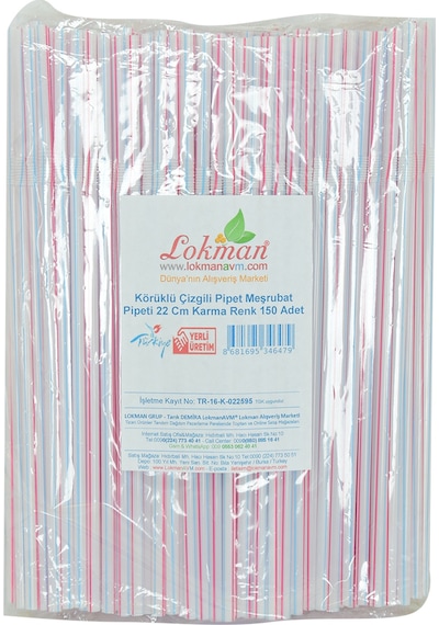 Lokman Avm Körüklü Çizgili Pipet Ayran Kola Meşrubat Pipeti 22 CM Karma Renk 150 Adet Paket
