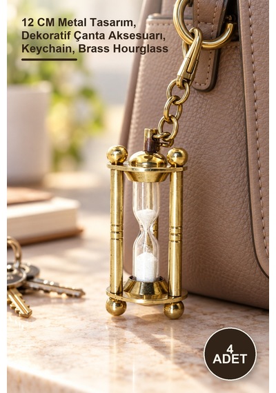 4 Adet Pirinç Kumsaati Anahtarlık 12 Cm Metal Tasarım, Dekoratif Çanta Aksesuarı, Keychain, Brass Hourglass