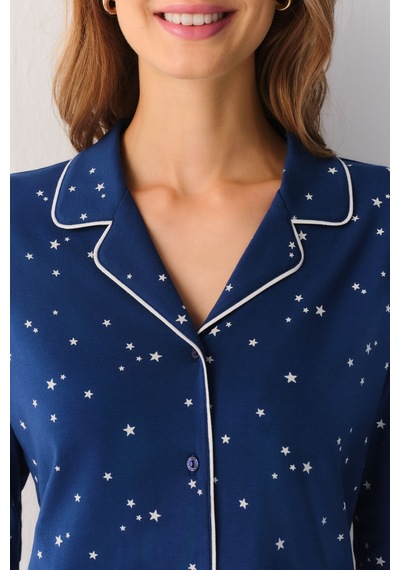 Suwen Dreaming Stars Gömlek Yaka Pamuklu Pijama Takımı Sh27401660b853 Yıldız Baskılı