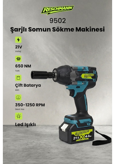 Reschmann R-9502 21V 4.0AH Akülü Torklu Somun Sıkma Bijon Sökme Kömürsüz Matkap