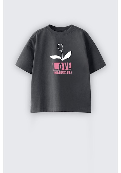 Monila Kız Çocuk Pamuklu Bisiklet Yaka Çiçek Baskılı T-shirt Antrasit