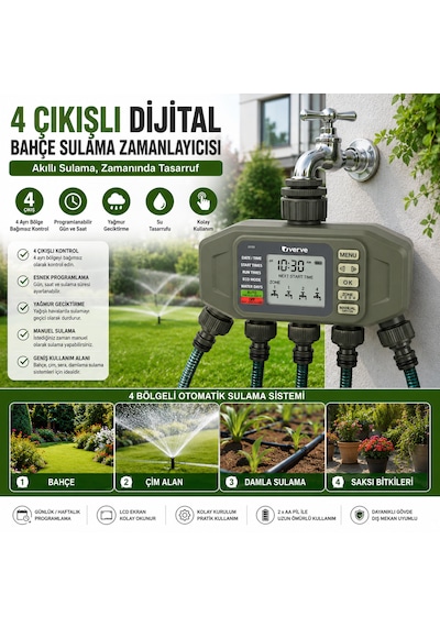 4 Çıkışlı Dijital Bahçe Sulama Zamanlayıcısı Lcd Ekranlı Otomatik Sulama Programlayıcı Timer