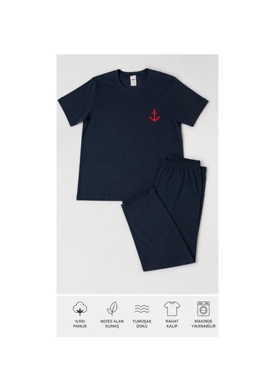 Pijamask Erkek Lacivert Kısa Kollu Pamuklu Pijama Takımı Silikon Çapa Baskılı Lacivert
