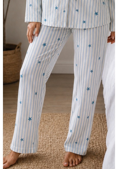 Kadın Örme Gömlek Yaka Mavi Pijama Takımı