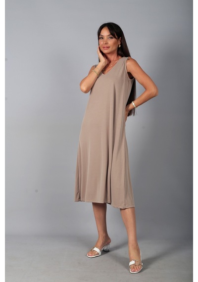 By Saygı Kadın V Yaka Ön Pervazlı Pike Kumaş Kolsuz Oversize Midi Elbise Bej