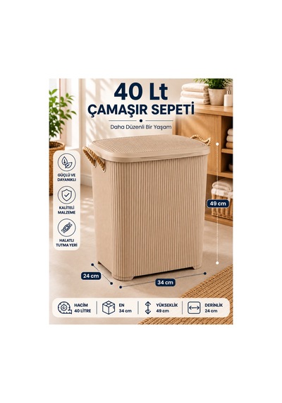 Liva Loft 40 L Kapaklı Çamaşır Sepeti Halat Saplı Bej - 918657149 Bej