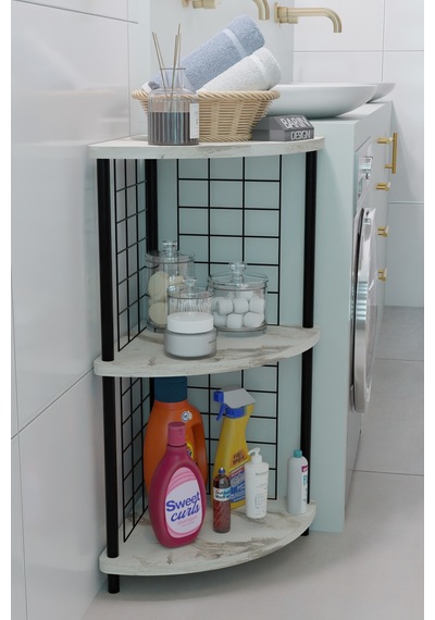 3 Raflıı Köşe Raf Banyo Ve Çamaşır Odası Çok Amaçlı Düzenleyici Metal Gövde Çevir Kur Kolay Kurulum Beyaz Mermer