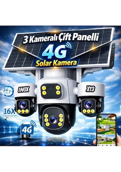 Inox-x13 3lens Esim Çift Panelli Full Renkli 4g Solar Kamera