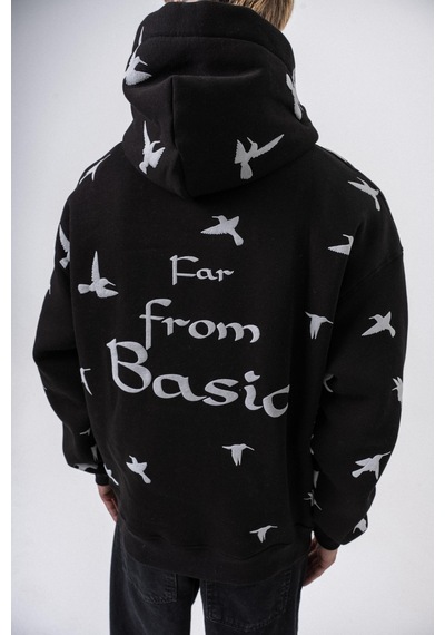 Respire Erkek Far From Basic Baskılı Kapüşonlu Oversize Hoodie Siyah