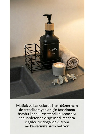 Makri Home Metal Stantlı Bambu Kapaklı Cam Sıvı Sabunluk/deterjanlık, 500 Ml, 15 8,5 23 Cm Siyah